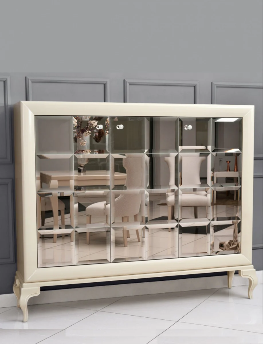 Luxus Neoklassik Kommode verspiegelt Weiß / Gold 179 x H147 cm - Sideboard Art Deco Möbel