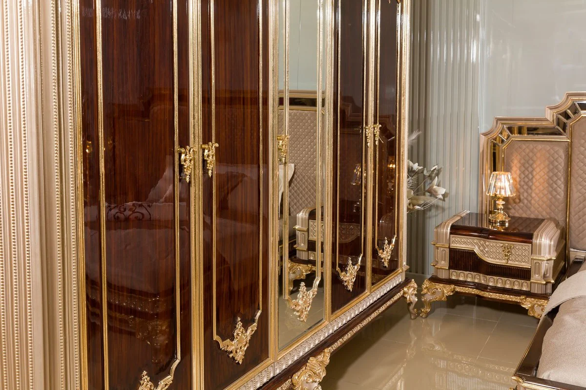 Luxus Barock Schlafzimmer Schrank mit 5 Türen Dunkelbraun / Grau / Gold - Barock Möbel