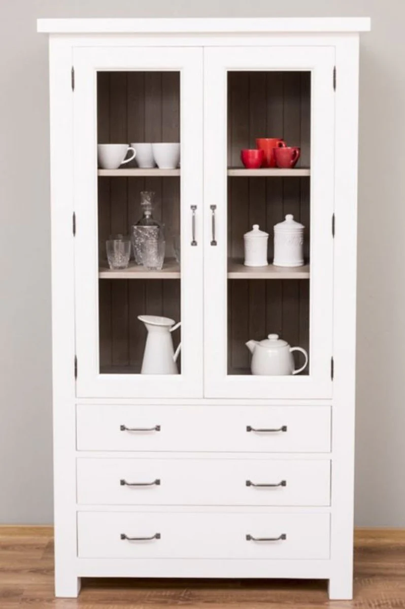 Landhausstil Küchenschrank Weiß / Grau 100 x 50 x H. 180 cm - Massivholz Vitrinenschrank mit 2 Glastüren und 3 Schubladen - Landhausstil Küchen Möbel