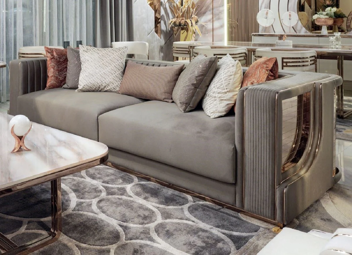 Luxus Sofa Grau / Kupfer 230 x 96 x H. 72 cm - Wohnzimmer Sofa - Hotel Sofa - Wohnzimmer Möbel - Hotel Möbel - Luxus Möbel - Wohnzimmer Einrichtung - Luxus Einrichtung