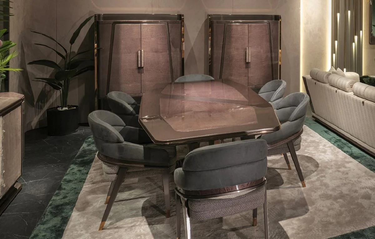 Luxus Esszimmer Set Blau / Grau / Gold - 1 Luxus Esstisch & 6 Luxus Esszimmerstühle - Esszimmer Möbel - Luxus Möbel - Luxus Einrichtung