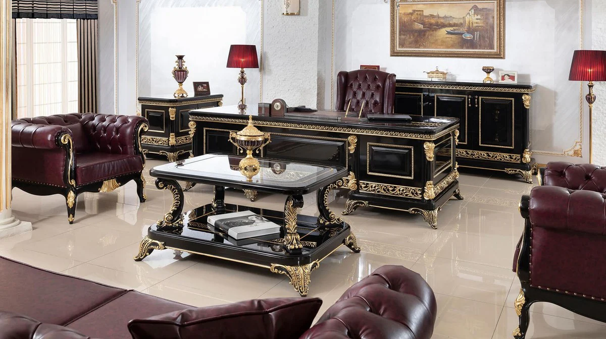 Luxus Barock Couchtisch mit Glasplatte Schwarz / Gold - Prunkvoller Massivholz Wohnzimmertisch im Barockstil - Barock Wohnzimmer Möbel - Edel & Prunkvoll