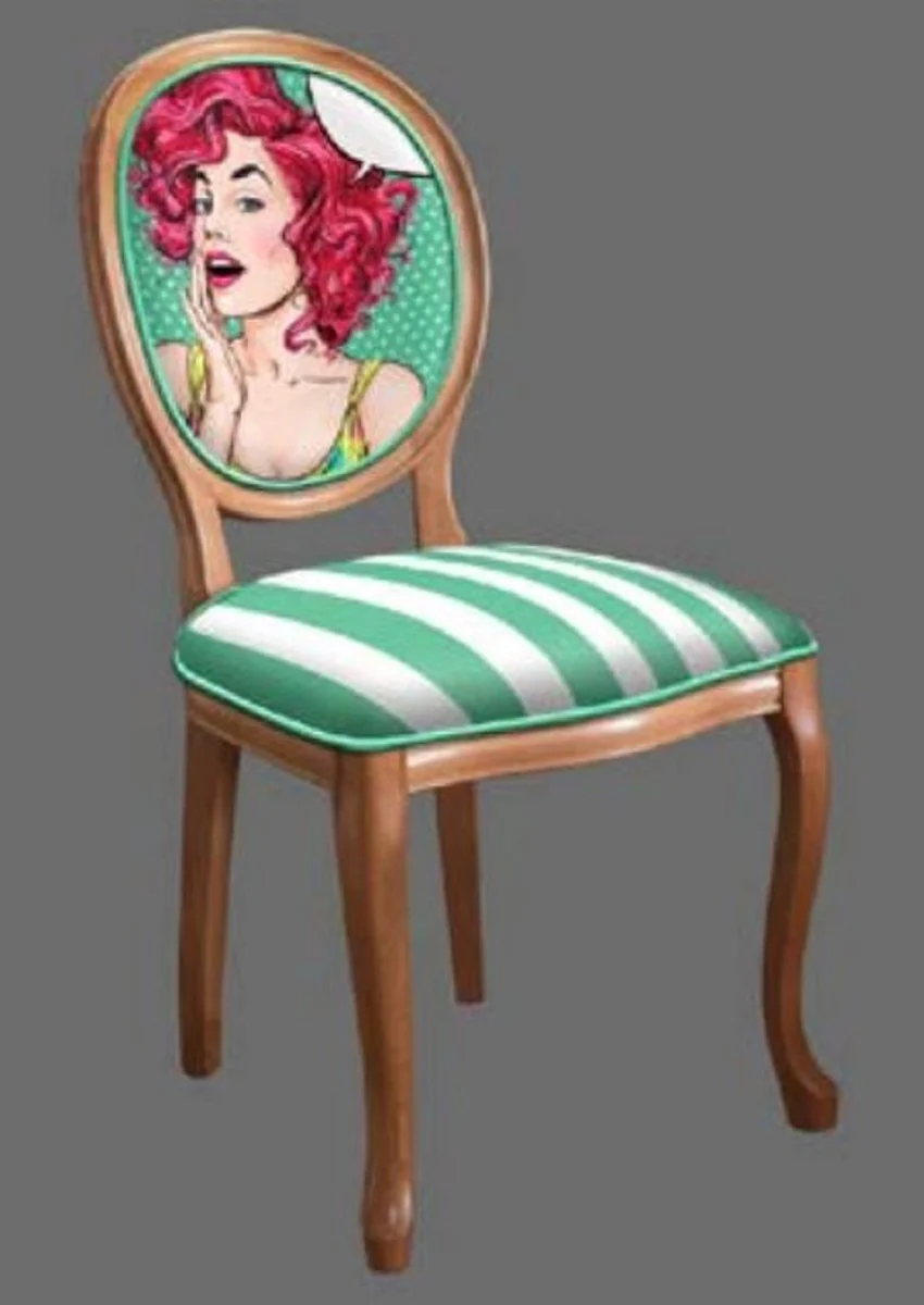 Barock Esszimmerstuhl Grün / Weiß / Mehrfarbig / Braun - Handgefertigter Antik Stil Stuhl - Esszimmer Möbel im Barockstil