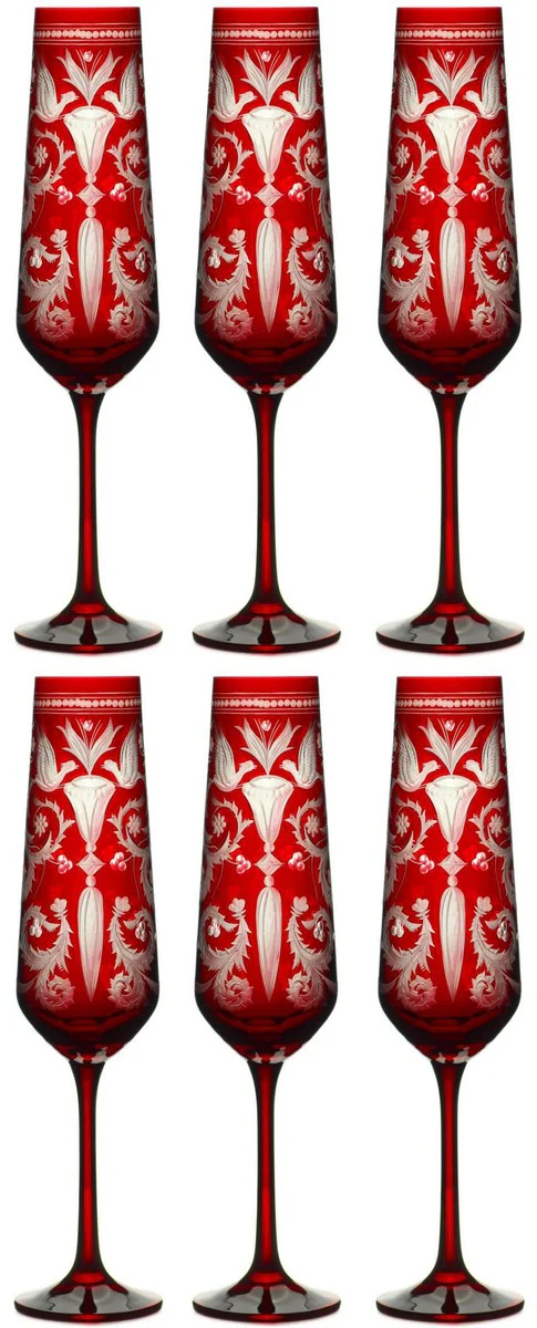 Luxus Champagnerglas 6er Set Rot / Silber Ø 6,5 x H. 26,5 cm - Handgefertigte und handgravierte Champagnergläser - Hotel & Restaurant Accessoires - Luxus Qualität