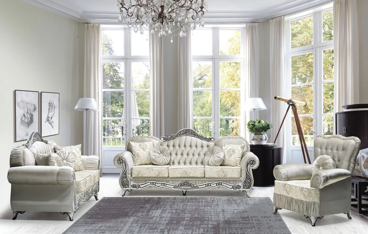 Luxus Barock Sofa Grau / Creme / Silber / Schwarz - Prunkvolles Wohnzimmer Sofa mit elegantem Muster und Glitzersteinen - Luxus Wohnzimmer Möbel im Barockstil - Barock Möbel