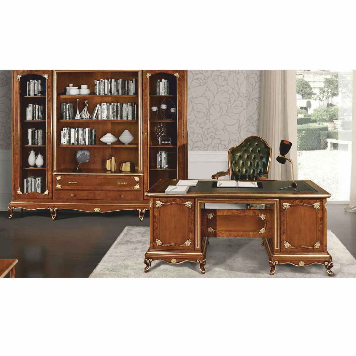 Luxus Barock Chesterfield Leder Schreibtischstuhl Grün / Braun / Gold - Made in Italy