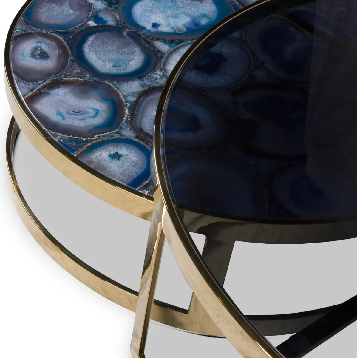 Luxus Couchtisch Set Blau / Gold - 2 Runde Wohnzimmertische mit Achat Edelstein und Glasplatte - Luxus Qualität - Luxus Wohnzimmer Möbel