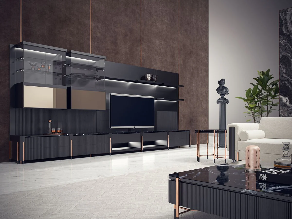 Luxus Beistelltisch Schwarz / Matt Schwarz / Kupfer 59 x 59 x H. 55 cm - Quadratischer Tisch mit Marmorplatte - Wohnzimmer Möbel - Hotel Möbel - Luxus Möbel