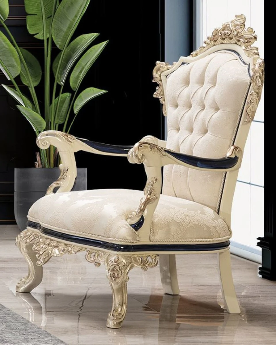 Luxus Barock Wohnzimmer Set Weiß / Creme / Schwarz / Antik Gold - 2 Barock Sofas & 2 Barock Sessel & 1 Barock Couchtisch - Luxus Wohnzimmer Möbel im Barockstil - Barock Möbel