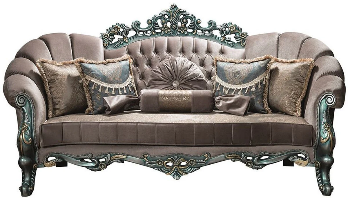 Luxus Barock Samt Sofa Grau / Grün / Gold 225 x 95 x H. 115 cm - Prunkvolles Wohnzimmer Sofa mit Glitzersteinen und dekorativen Kissen