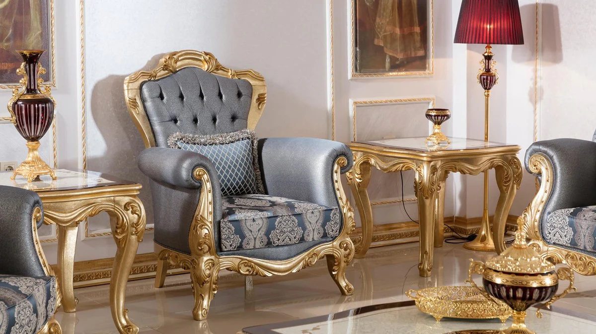 Luxus Barock Wohnzimmer Set Blau / Gold - 2 Barock Sofas & 2 Barock Sessel & 1 Barock Couchtisch - Luxus Wohnzimmer Möbel im Barockstil - Barock Möbel - Barock Einrichtung
