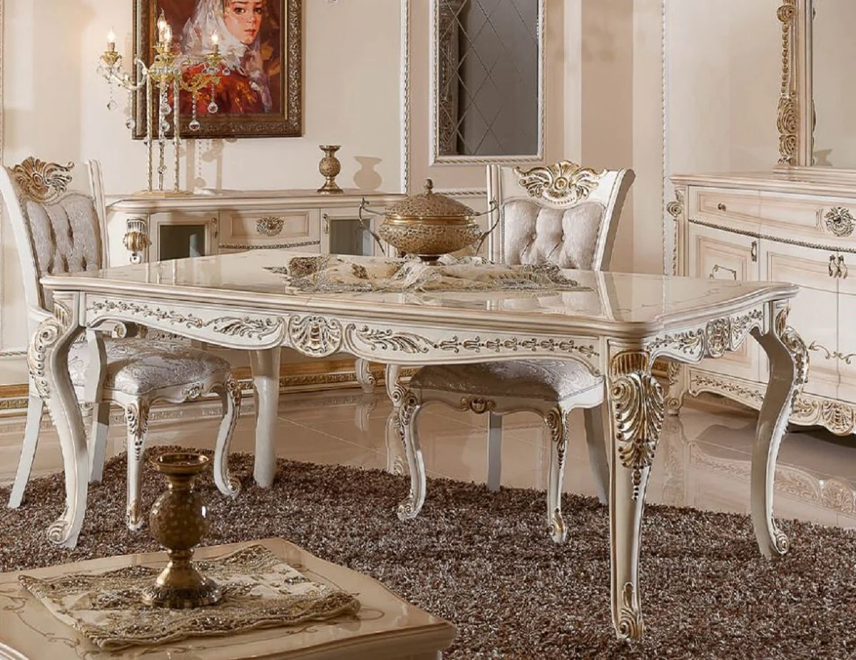 Luxus Barock Esstisch Weiß / Beige / Gold - Rechteckiger Barockstil Küchentisch - Luxus Esszimmer Möbel im Barockstil - Barock Esszimmer Möbel - Barock Einrichtung