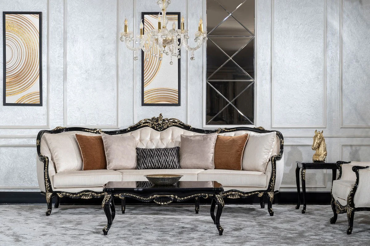 Luxus Barock Wohnzimmer Sofa Creme / Schwarz / Gold - Handgefertigtes Barockstil Sofa mit dekorativen Kissen - Luxus Wohnzimmer Möbel im Barockstil - Barock Möbel - Edel & Prunkvoll