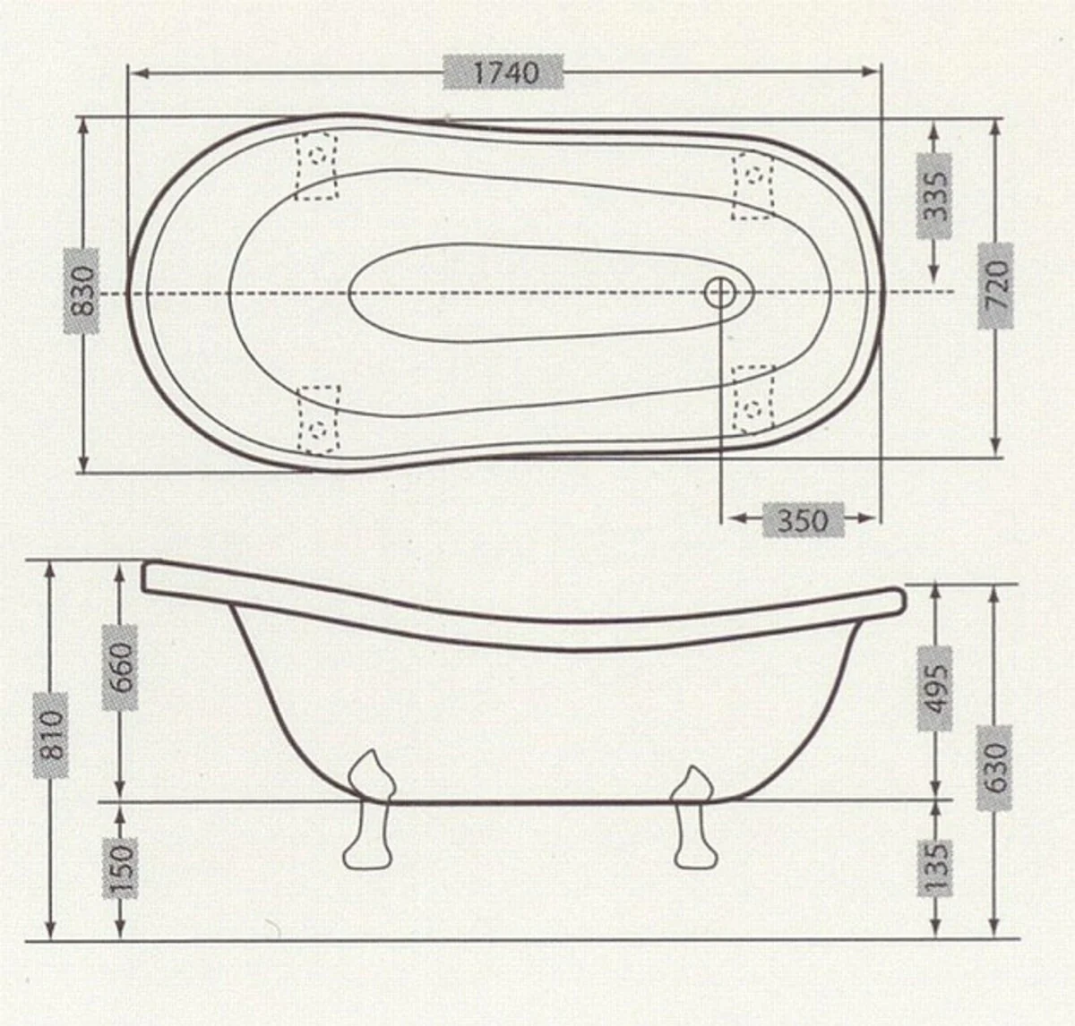 Freistehende Luxus Badewanne Jugendstil Sicilia Weiß/Altgold 1740mm - Barock Badezimmer - Retro Antik Badewanne