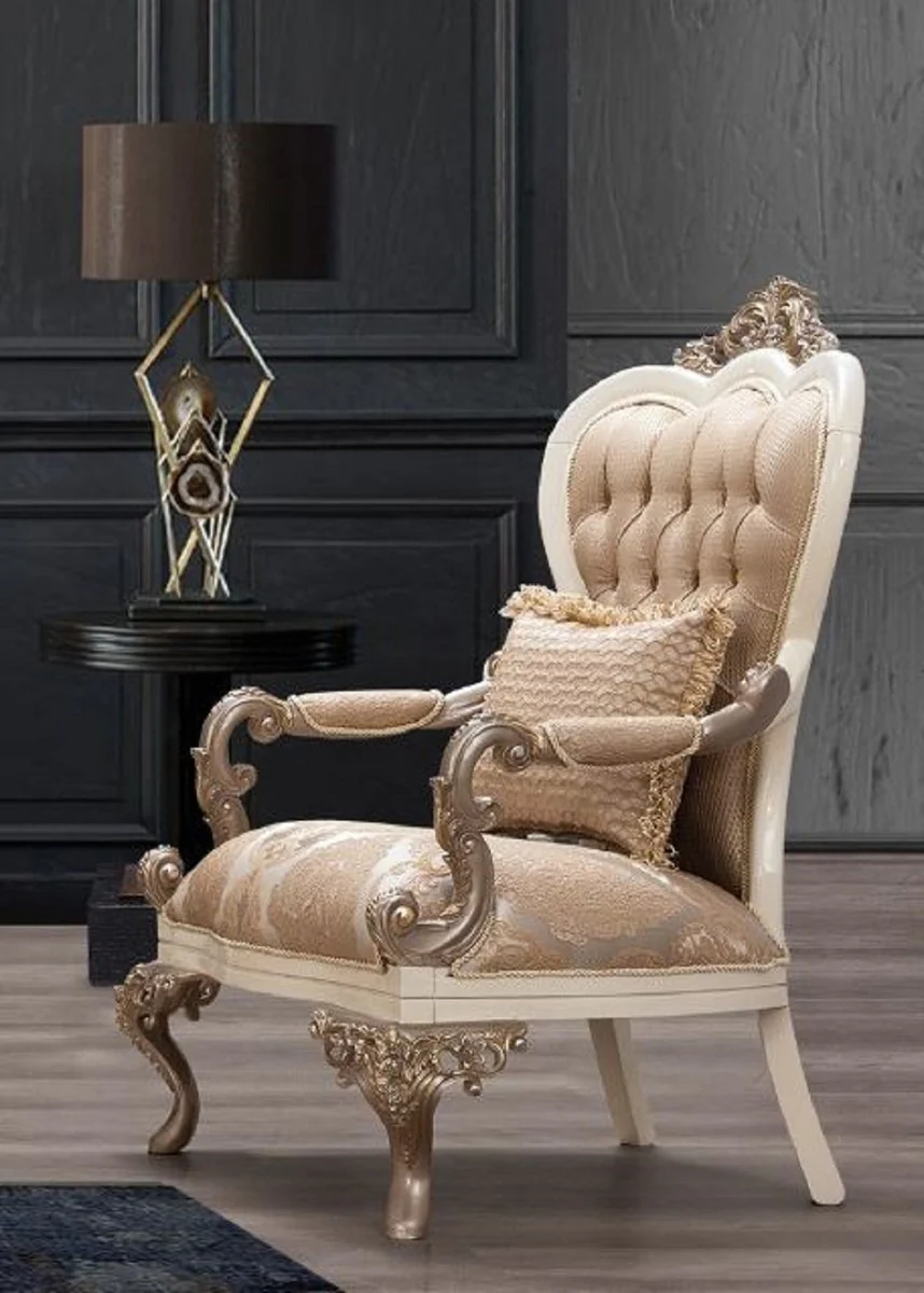 Luxus Barock Wohnzimmer Set Braun / Weiß / Gold - 2 Sofas & 2 Sessel & 1 Couchtisch - Prunkvolle Barock Wohnzimmer Möbel