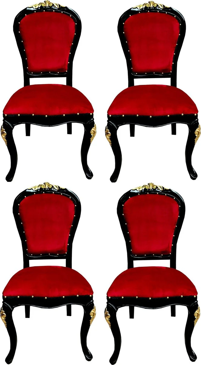 Luxus Barock Esszimmer Set Bordeauxrot / Schwarz / Gold 50 x 50 x H. 110 cm - 4 handgefertigte Massivholz Esszimmerstühle mit Samtstoff - Barock Esszimmermöbel