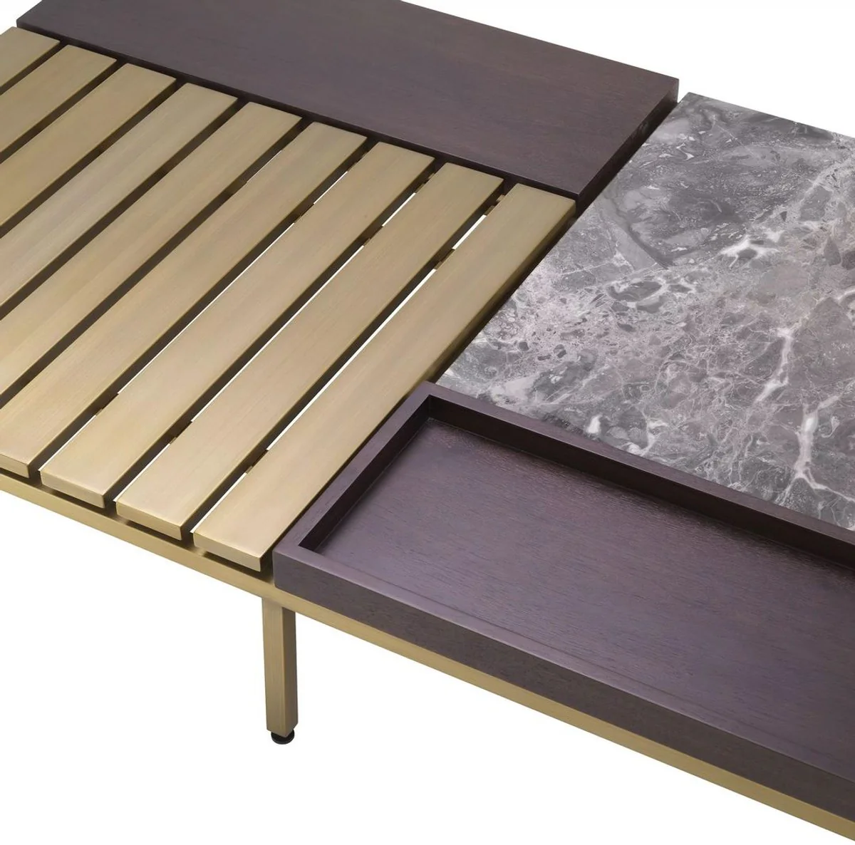 Luxus Couchtisch Messingfarben / Grau / Braun 169,5 x 99,5 x H. 27 cm - Moderner Wohnzimmertisch - Luxus Wohnzimmer Möbel - Luxus Qualität