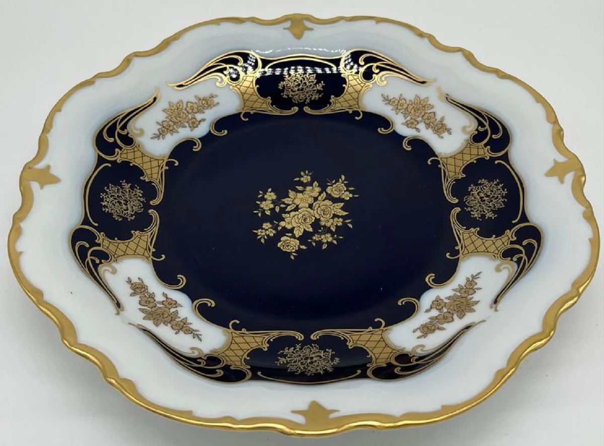 Luxus Barock Porzellan Teller Weiß / Dunkelblau / Gold Ø 33 cm - Porzellan Essteller - Luxus Barock Porzellan Accessoires - Reichenbach Porzellan - Luxus Qualität - Made in Germany