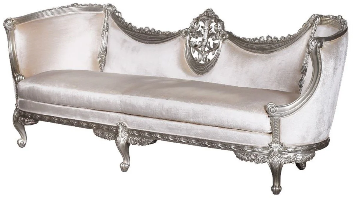Luxus Barock Sofa Weiß / Silber - Edles Handgefertigtes Wohnzimmer Sofa im Barockstil - Barock Wohnzimmer Möbel - Edel & Prunkvoll