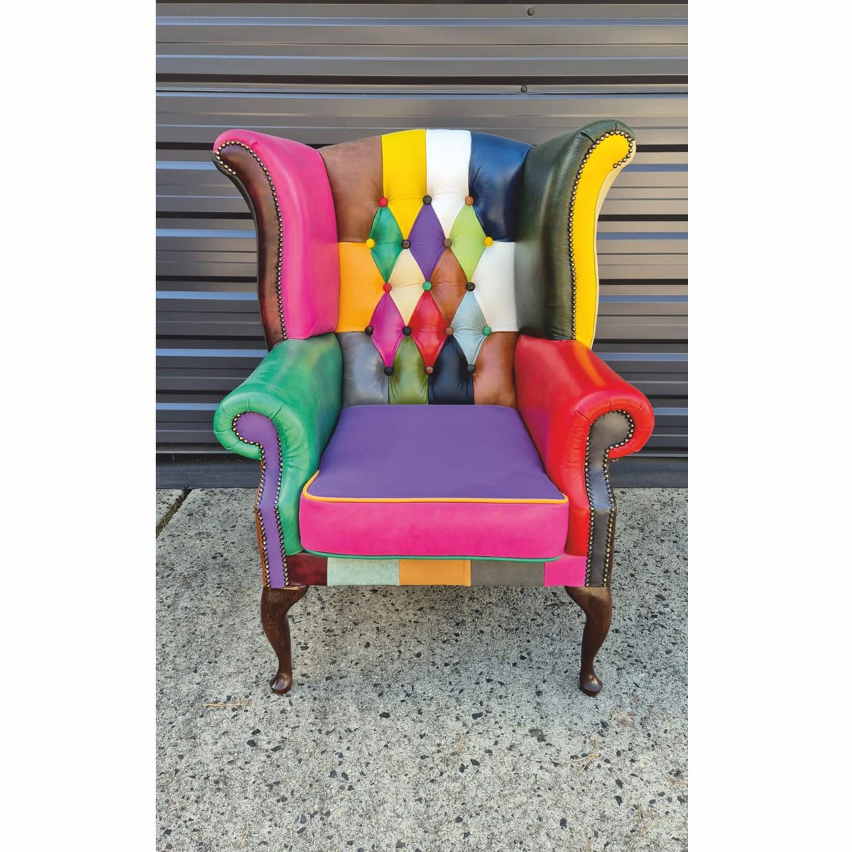 Luxus Chesterfield Ohrensessel Bunt / Dunkelbraun - Patchwork Echtleder Möbel