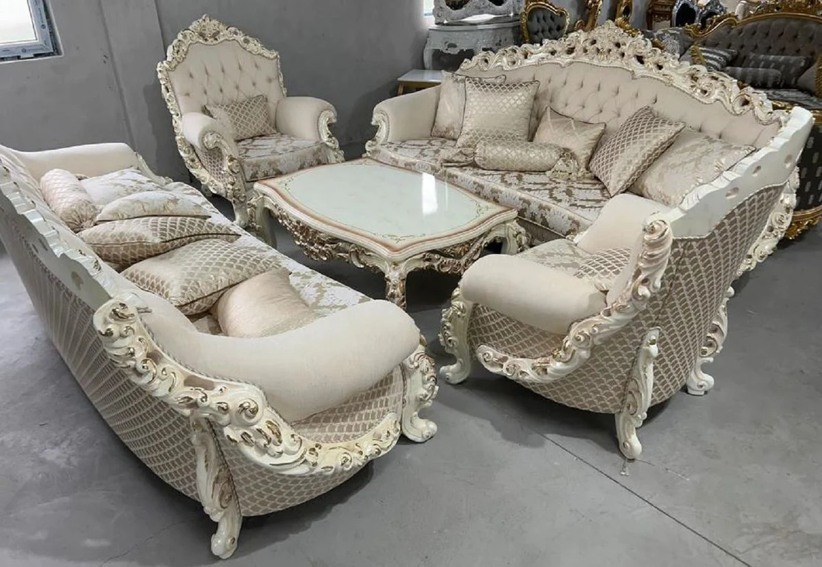 Luxus Barock Sofa Creme / Weiß / Gold - Prunkvolles Wohnzimmer Sofa - Barockstil Wohnzimmer Möbel - Luxus Möbel im Barockstil - Barock Einrichtung - Wohnzimmer Einrichtung