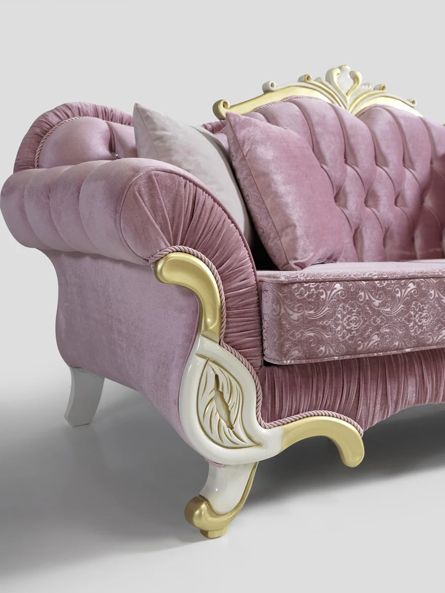 Barock Wohnzimmer Sofa mit Glitzersteinen Rosa / Weiß / Gold 228 x 105 x H. 85 cm - Edel & Prunkvoll