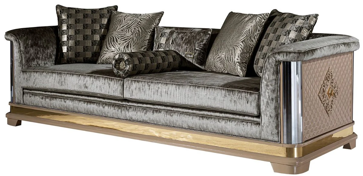Luxus Art Deco Sofa Silber / Schwarz / Beige / Gold 249 x 93 x H. 72 cm - Wohnzimmer Sofa mit dekorativen Kissen - Art Deco Wohnzimmer Möbel