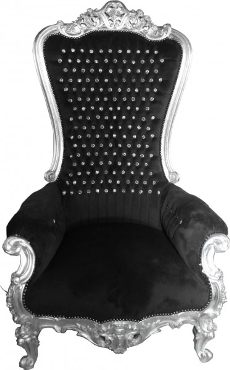 Barock Thron Sessel Majestic Schwarz/Silber mit Bling Bling Glitzersteinen - Riesensessel -Thron Stuhl Tron
