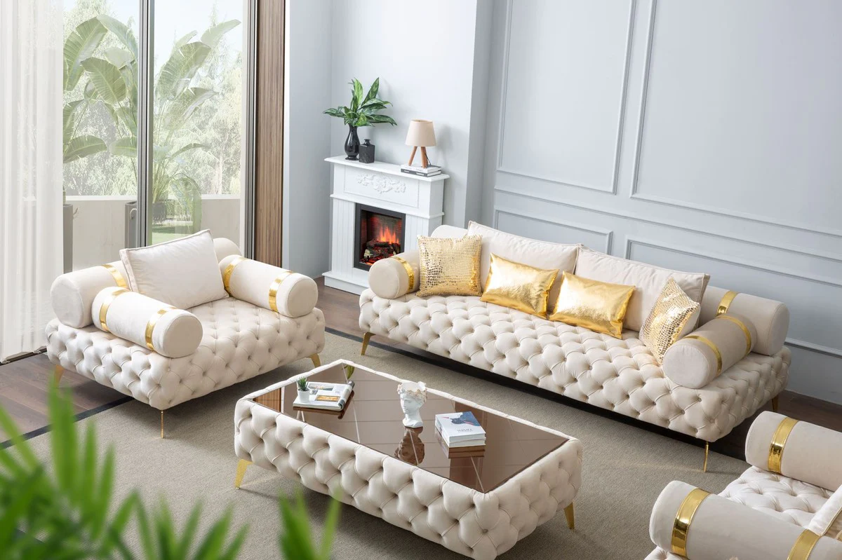Luxus Chesterfield 3er Sofa Creme / Gold 250 x 115 x H. 70 cm - Chesterfield Wohnzimmer Sofa - Wohnzimmer Möbel - Chesterfield Möbel - Luxus Möbel - Luxus Einrichtung - Möbel Luxus