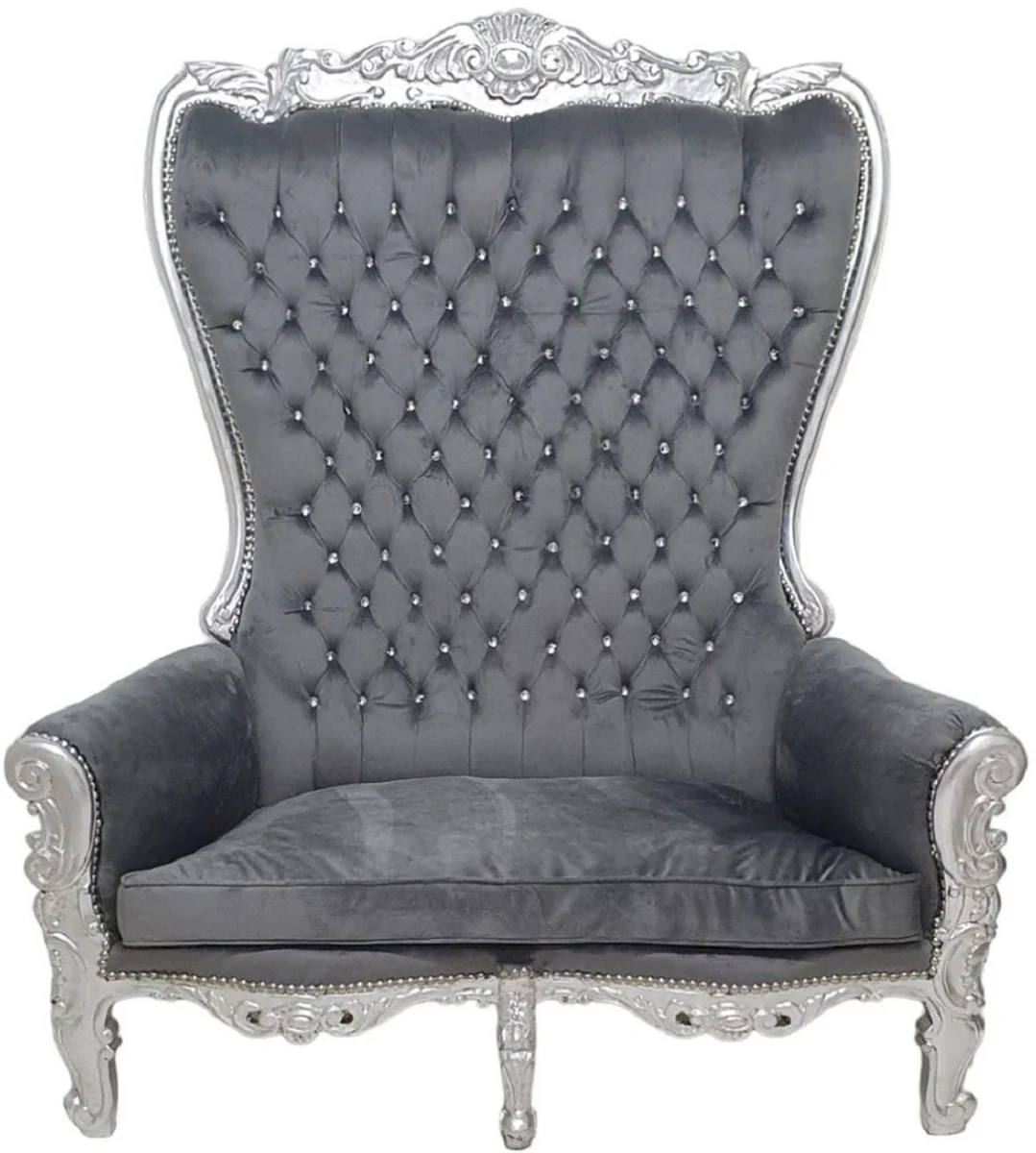 Barock Hochlehn 2er Sofa Grau / Silber - Prunkvolles Barockstil Sofa mit Glitzersteinen - Wohnzimmer Möbel im Barockstil - Barock Möbel - Edel & Prunkvoll