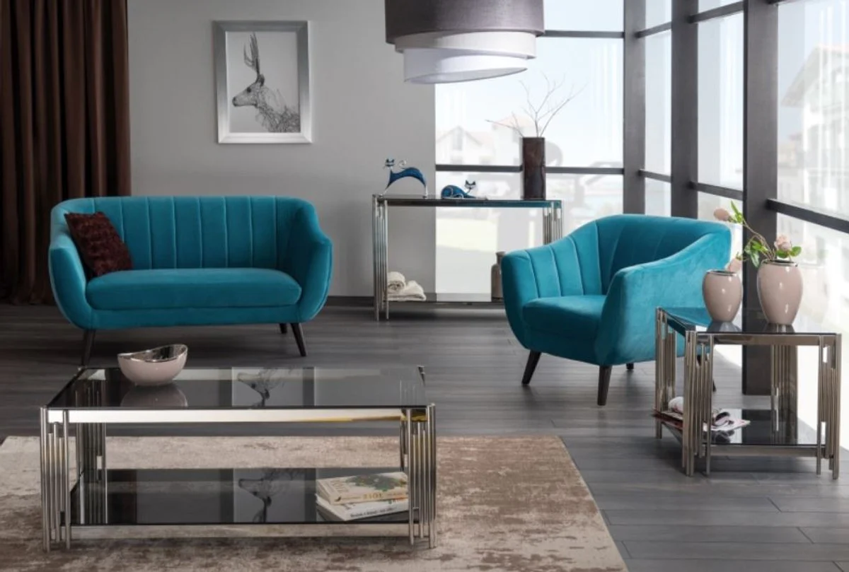 Luxus Beistelltisch Silber / Schwarz 55 x 55 x H. 55 cm - Edelstahl Tisch mit getönten Glasplatten - Luxus Möbel