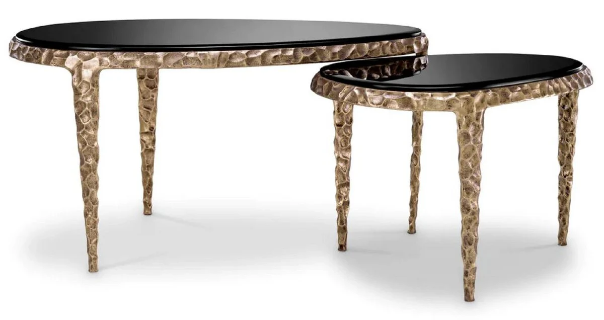 Luxus Beistelltisch Set Vintage Messing / Schwarz - 2 Aluminium Tische mit Glasplatten - Wohnzimmer Möbel - Hotel Möbel - Luxus Möbel - Luxus Einrichtung - Möbel Luxus