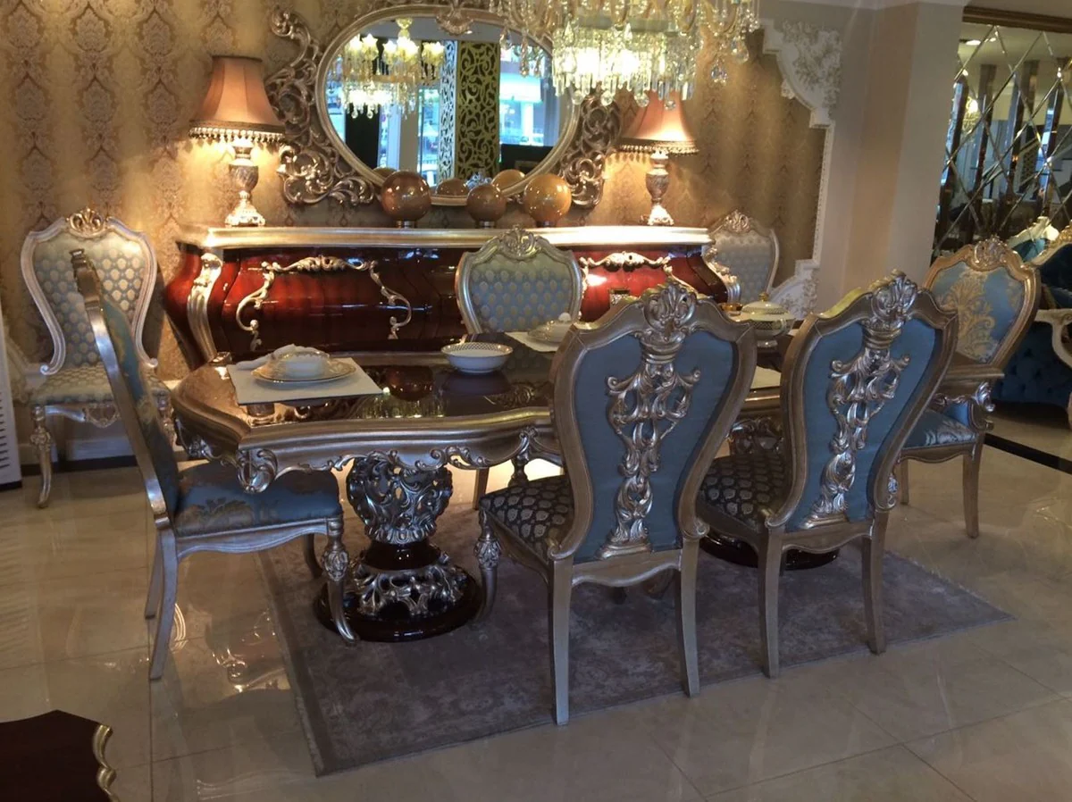 Luxus Barock Esstisch Dunkelbraun / Silber - Hochwertiger handgefertigter Massivholz Esszimmertisch im Barockstil - Barock Esszimmer Möbel - Edel & Prunkvoll