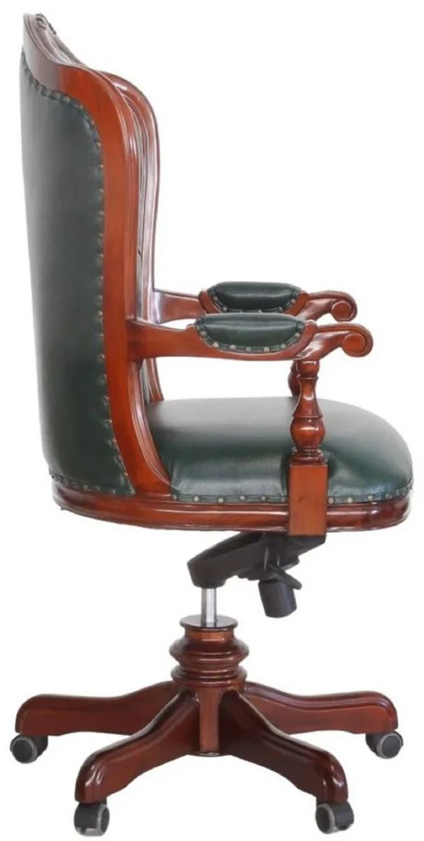Luxus Barock Chesterfield Echtleder Schreibtischstuhl Dunkelgrün / Braun H. 123 cm - Barock Büro Möbel