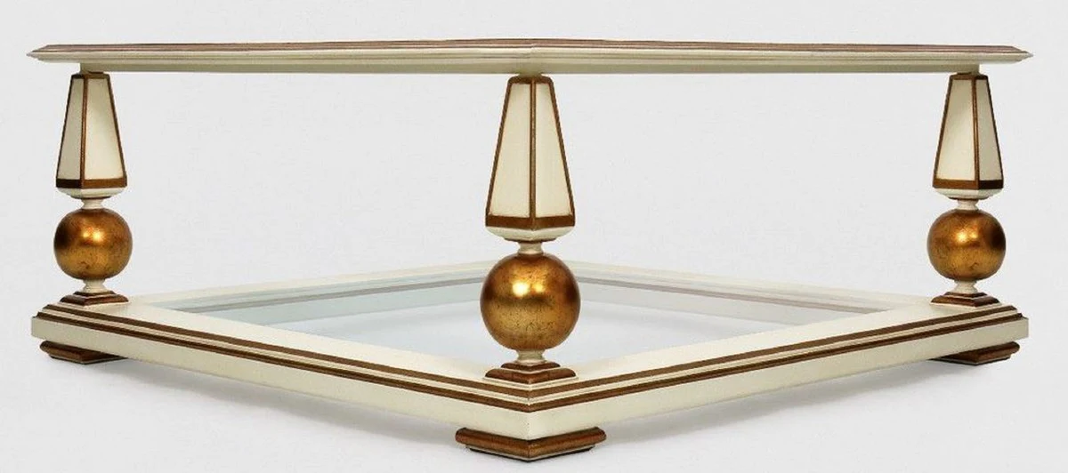 Luxus Barock Couchtisch Weiß / Antik Gold 113 x 113 x H. 47 cm - Prunkvoller Massivholz Wohnzimmertisch mit Glasplatten - Barock Wohnzimmer Möbel