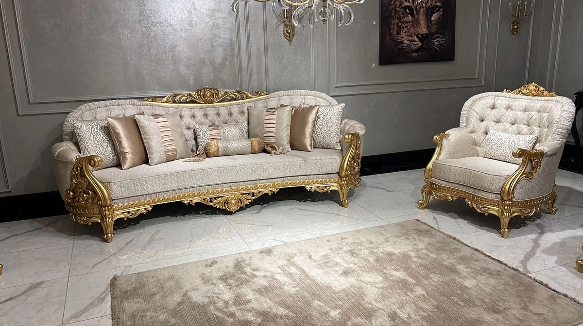 Luxus Barock Wohnzimmer Sofa Gold Muster / Gold - Prunkvolles Barockstil Sofa - Luxus Wohnzimmer Möbel im Barockstil - Barock Möbel - Edel & Prunkvoll