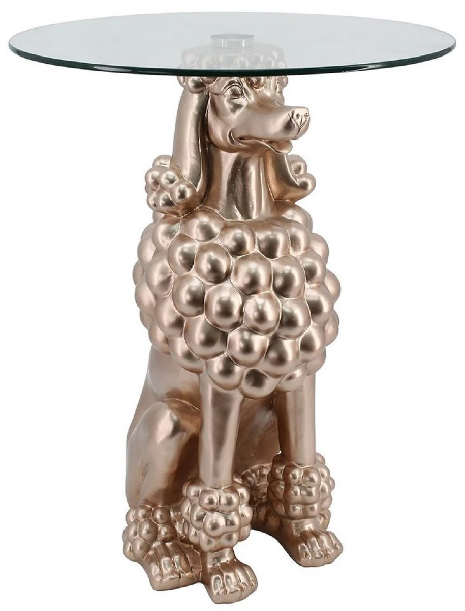 Luxus Beistelltisch Hund Kupfer Ø 48,5 x H. 64 cm - Runder Kunstharz Tisch mit Glasplatte - Wohnzimmer Möbel - Luxus Möbel - Luxus Einrichtung - Wohnzimmer Einrichtung