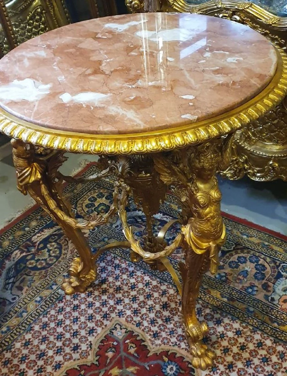 Luxus Barock Beistelltisch Gold / Beige / Braun - Prunkvoller runder Bronze Tisch mit Marmorplatte - Luxus Möbel im Barockstil - Barockstil Wohnzimmer Möbel - Barock Möbel