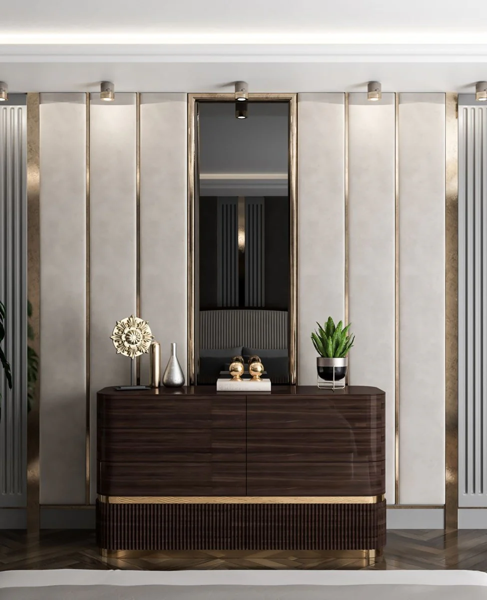 Luxus Massivholz Kommode mit 6 Schubladen Dunkelbraun / Gold - Schlafzimmer Kommode - Schlafzimmer Möbel - Luxus Möbel - Luxus Einrichtung - Schlafzimmer Einrichtung