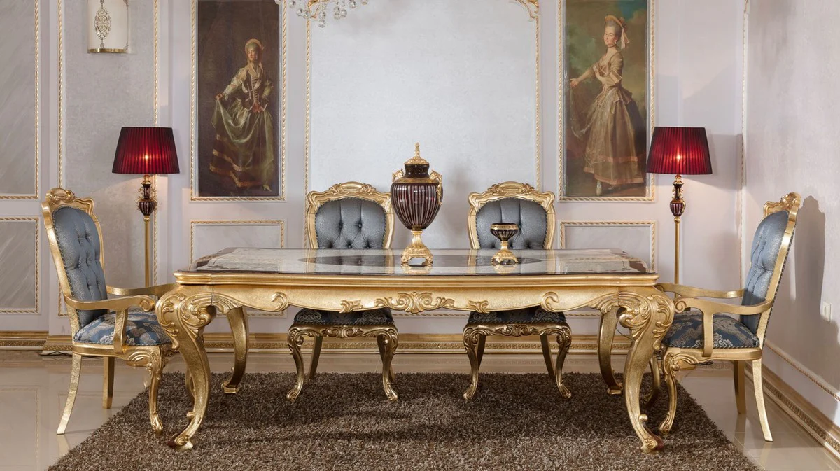 Luxus Barock Esszimmer Set Blau / Weiß / Braun / Gold - 1 Barock Esstisch & 6 Barock Esszimmerstühle - Barock Esszimmer Möbel - Luxus Möbel im Barockstil - Edel & Prunkvoll