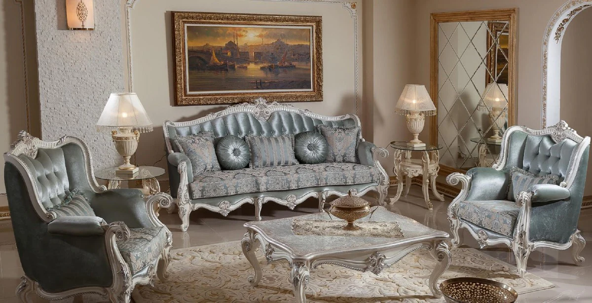 Luxus Barock Couchtisch Antik Silber / Weiß / Silber - Prunkvoller Wohnzimmertisch im Barockstil - Luxus Wohnzimmer Möbel im Barockstil - Barock Möbel - Barock Wohnzimmer Einrichtung