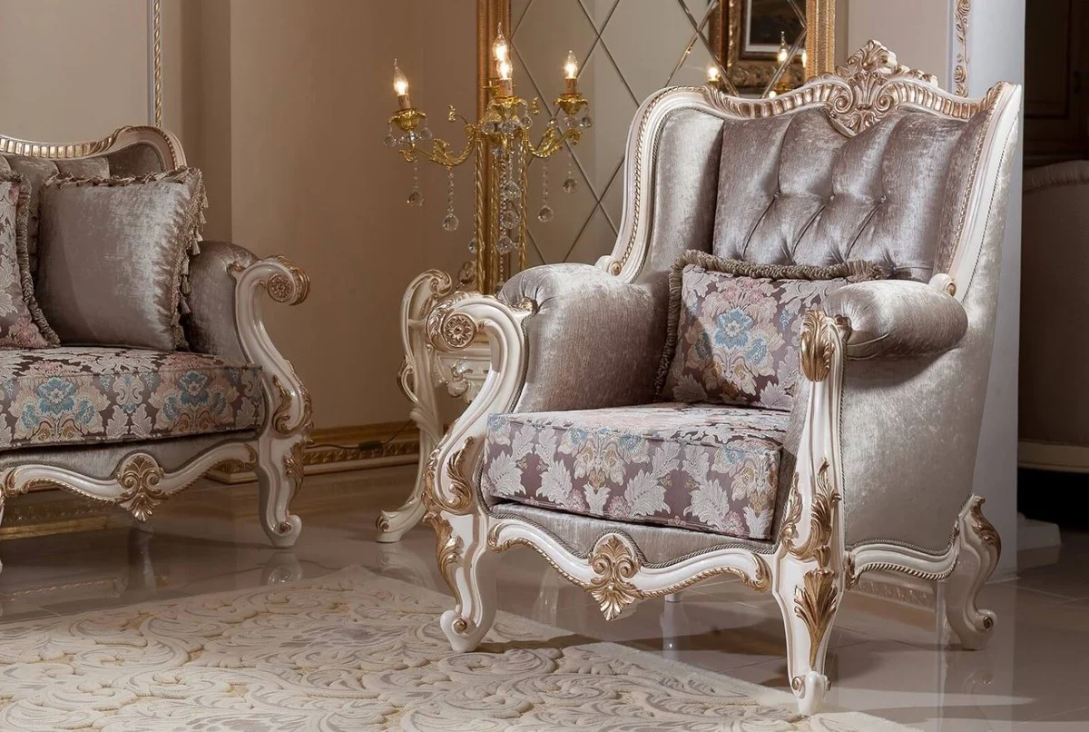 Luxus Barock Wohnzimmer Möbel Set Braun / Weiß / Gold