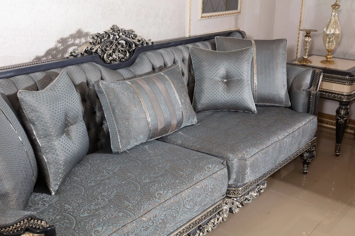 Luxus Barock Wohnzimmer Set Hellblau / Beige / Schwarz / Gold - 2 Sofas & 2 Sessel & 1 Couchtisch & 2 Beistelltische - Handgefertigte Wohnzimmer Möbel im Barockstil - Edel & Prunkvoll