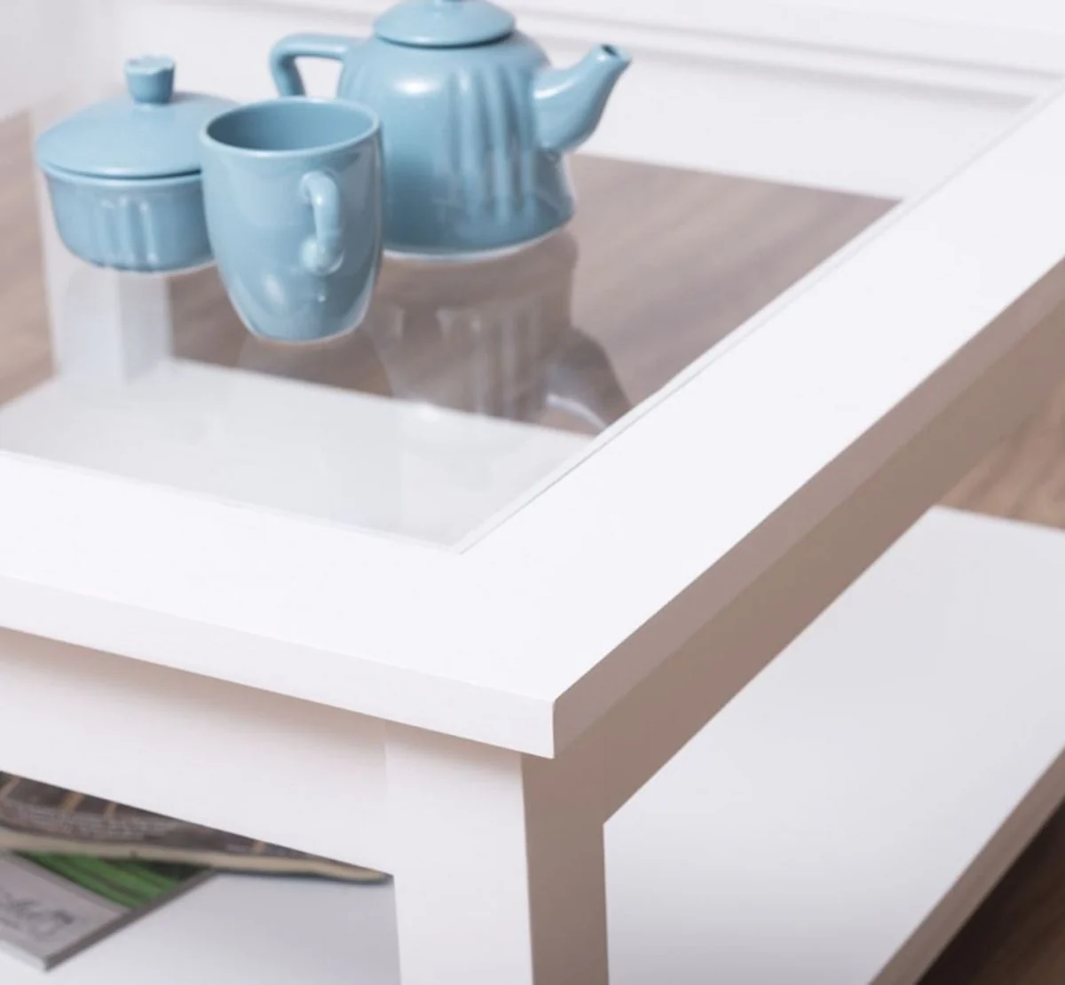 Landhausstil Couchtisch mit Glasplatte Weiß 90 x 90 x H. 45 cm - Massivholz Wohnzimmertisch - Wohnzimmermöbel im Landhausstil