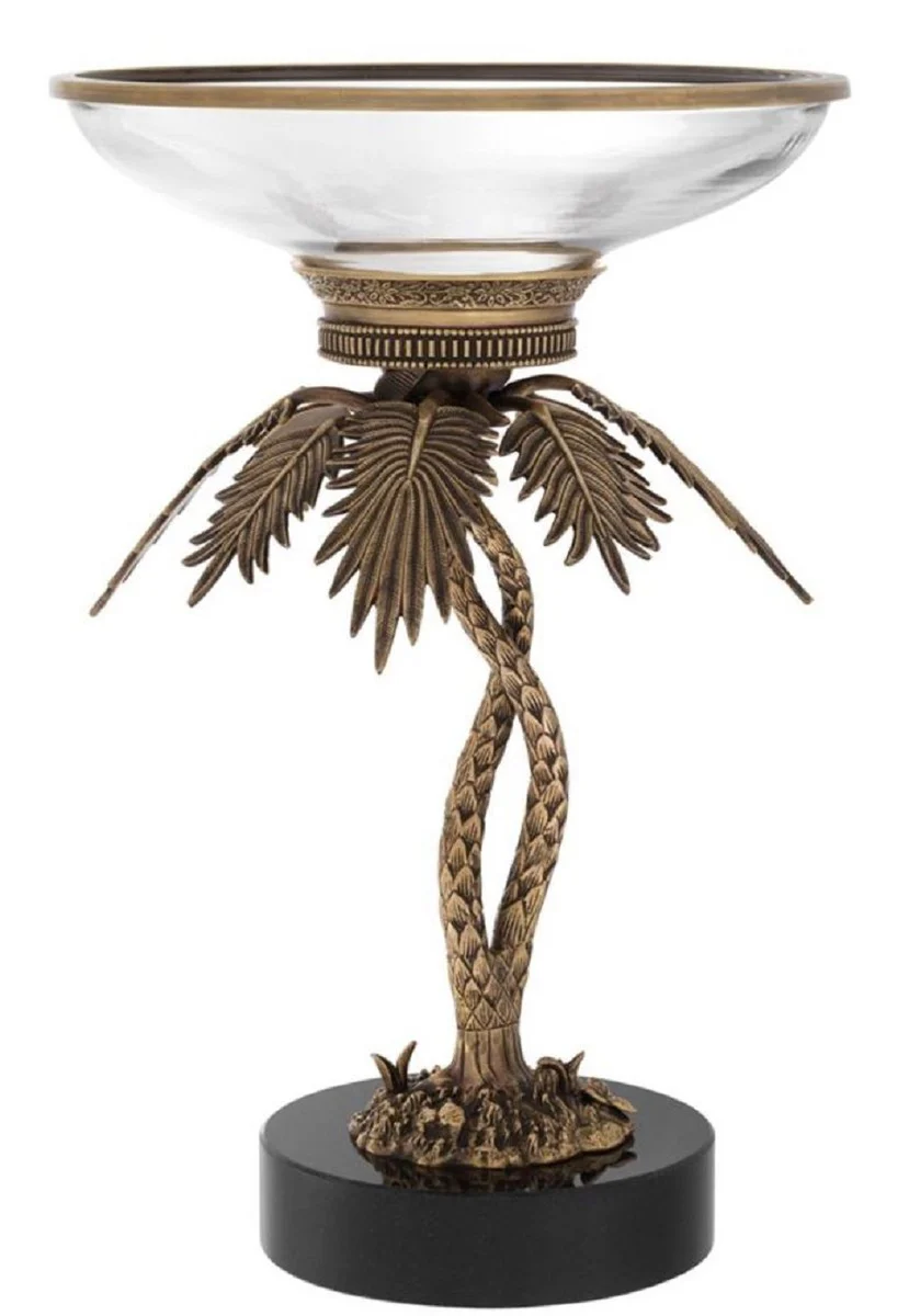 Luxus Glasschale mit Messing Palmen Ständer und Granitsockel Vintage Messing /Schwarz Ø 33,5 x H. 50,5 cm - Hotel & Restaurant Accessoires