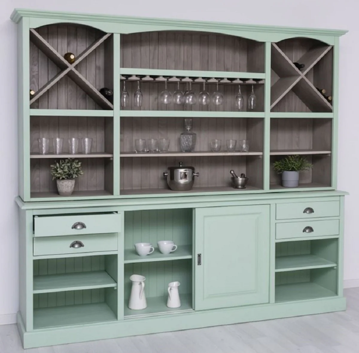 Landhausstil Barschrank Mintgrün / Grau 240 x 50 x H. 210 cm - Massivholz Weinschrank im Landhausstil - Landhausstil Möbel - Bar Möbel im Landhausstil - Landhausstil Einrichtung