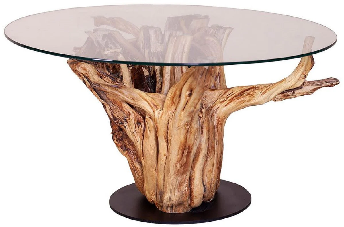 Luxus Couchtisch mit Glasplatte Naturfarben / Schwarz Ø 90 cm