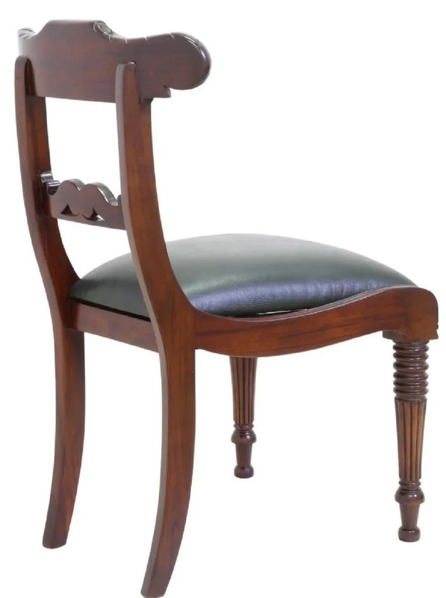 Luxus Jugendstil Mahagoni Esszimmer Stuhl mit Echtleder Dunkelbraun / Grün 52 x 58 x H. 90 cm - Massivholz Leder Küchen Stuhl - Barock & Jugendstil Esszimmer Möbel