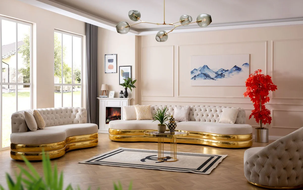 Luxus Chesterfield 4er Sofa Creme / Gold 340 x 105 x H. 82 cm - Gebogenes Chesterfield Wohnzimmer Sofa - Wohnzimmer Möbel - Chesterfield Möbel - Luxus Möbel - Luxus Einrichtung