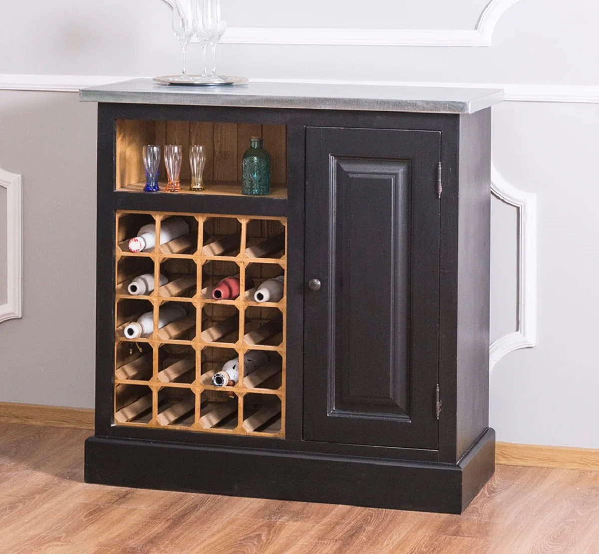 Landhausstil Weinschrank Schwarz / Naturfarben / Silber 90 x 41 x H. 90 cm - Weinschrank mit Tür und verzinkter Platte